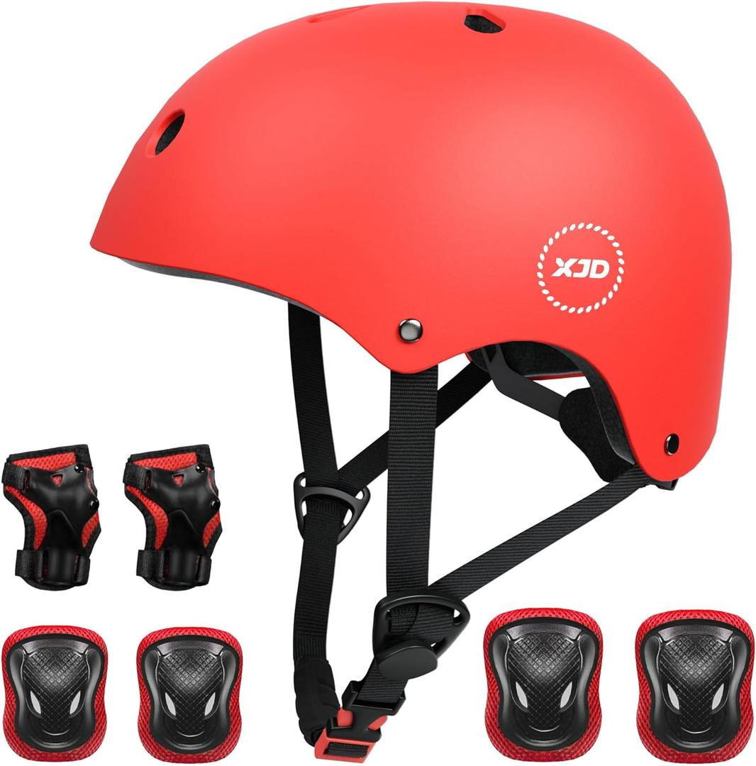 XJD Kids Bike Helmet,Multi-Sport Protective Gear Set for 3-5-8-14 Years Boys Girls with Knee and Elbow Pads Wrist Guards fit Roller Skates,Cycling,Skateboarding,Christmas Birthday Gifts for Kids (Medium, Red)