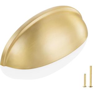 QOGRISUN 5-Pack Solid Brass Cabinet Bin Pulls,Gold Cup Drawer Dresser Handles,3-Inch Hole Center, 3-3/5-Inch Overall Length,Kitchen Cupboard Konbs Hardware, Brushed Brass Finish
