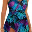 GRACE KARIN Women's One Piece Swim Dress V Neck Tummy Control Swimsuit Vacation Beachwear Bathing Suit (Medium, Purple Print)