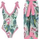 Women's One Piece Swimsuit with Beach Cover up Wrap Skirt Sarong Retro Floral Print Bikini Set Two Piece Bathing Suit (M, Pink + Green Floral)