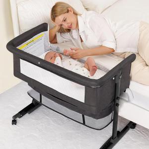 Baby Bassinet, 3 in 1 Bedside Bassinets for Baby, Bassinet Bedside Sleeper with Wheels, Adjustable Height with Rocking Mode, Breathable Mesh, Storage Basket, Easy Assemble & Folding (Dark Gray), Crib