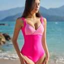 QINSEN Womens Sexy V Neck One Piece Bathing Suit Color Block Swimsuit High Waist Monokini (Pink, M)