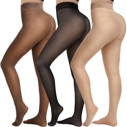 HONGTEYA 3 Pairs Fleece Lined Tights Women - Warm Sheer Pantyhose Fake Translucent Tights Winter Thermal Leggings (US, Alpha, X-Large, Regular, Regular, Translucent Black+coffee+nude)