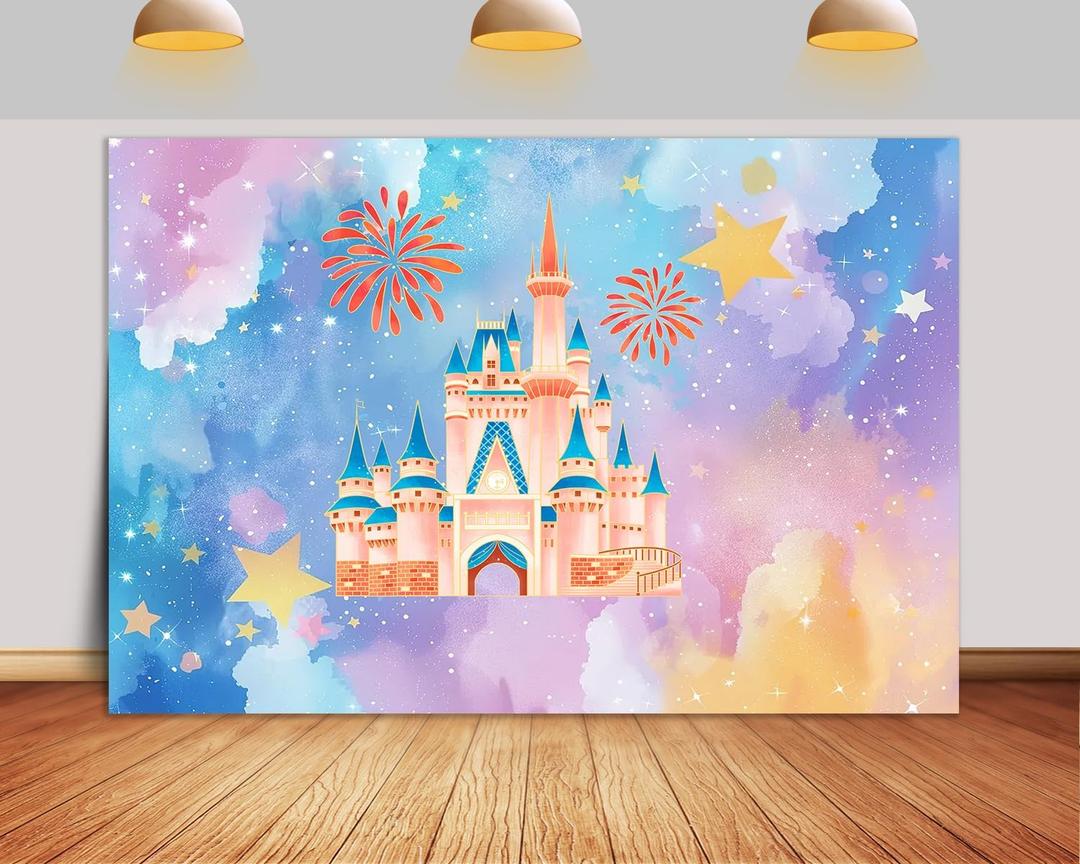 7X5ft Princess Castle Backdrop Watercolor Pastel Rainbow Golden Fireworks Ribbon Cartoon Castle Happy Birthday Backdrop for Girls Party Decoration Banner Photo Booth Props