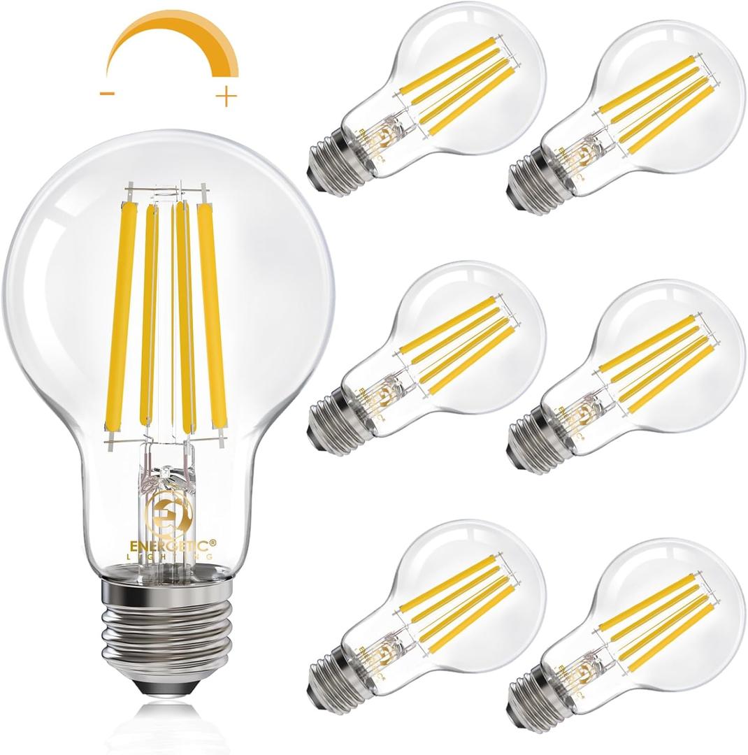 Energetic Dimmable A19 LED Edison Light Bulb, 12W Equivalent 100W, 1600LM High Brightness, 3000K Warm White, Clear Antique LED Filament Bulb for Home, Bathroom, E26 Standard Base, 6-Pack
