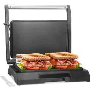Baker's Friend Mini Panini Press Electric Griddle, Sandwichera Electrical for Pancakes & Eggs, 2 Slices of Panini Grill Press Sandwich Maker Press, Stainless Steel, Non Stick Surfaces, Oil Tray