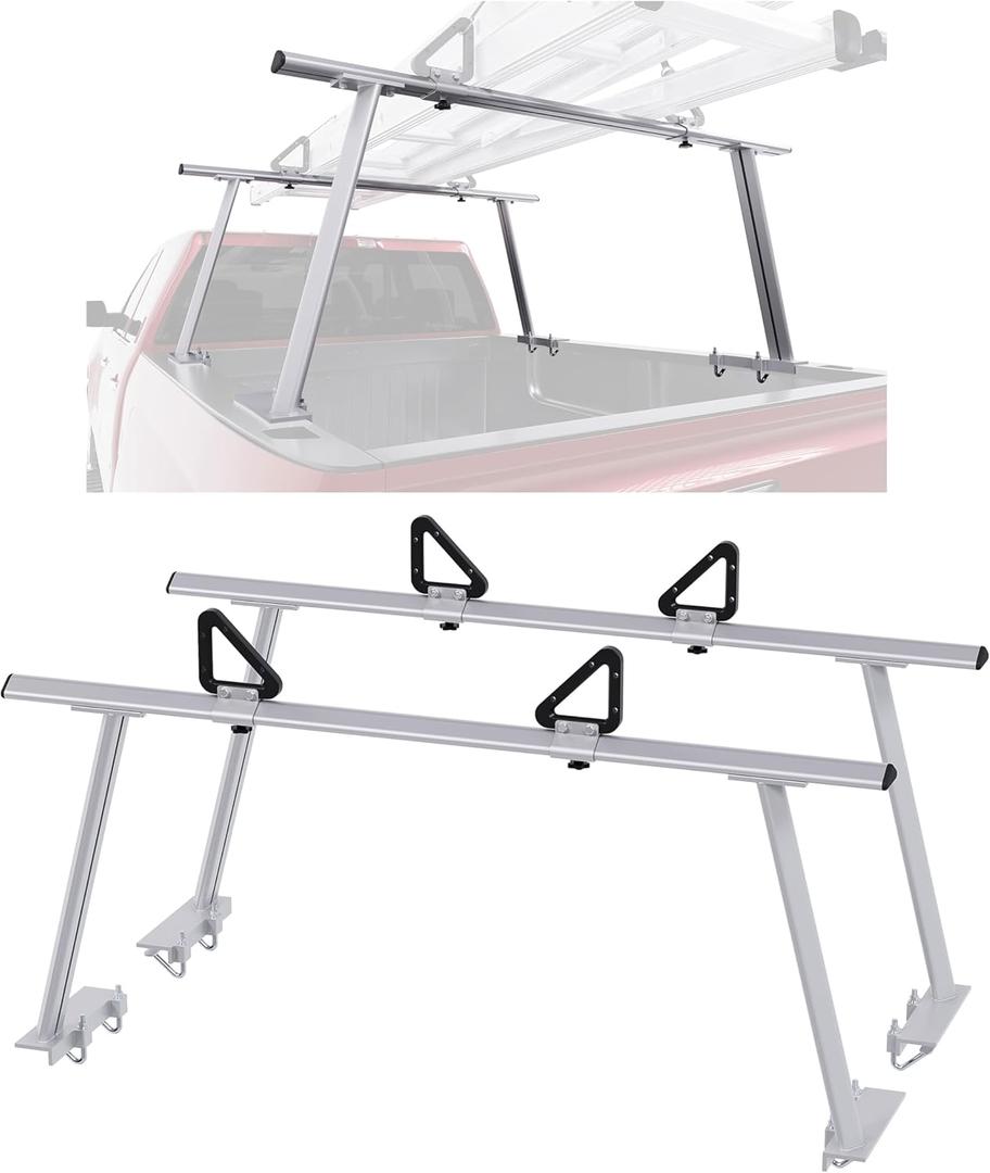 ECOTRIC Adjustable Truck Ladder Rack Compatible with Most Full Size and Compact Trucks Contractor Pipe Lumber Rack (No Drilling Required) 1,000lbs Weight Capacity Silvery