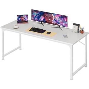 PRAISUN 55 Inch Computer Desk, Home Office Desk with Spacious Desktop, Modern Gaming Desk, Writing Study Table for Bedroom, Small Spaces, Work from Home Desk with Metal Frame, White