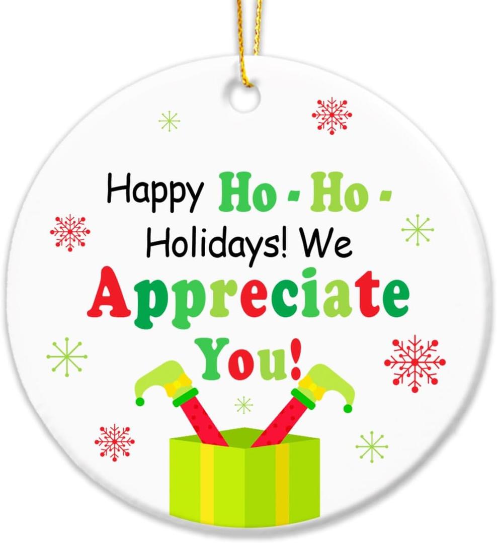 2 x Inspirational Christmas Hanging Ornaments 2025, for Coworkers Christmas,Happy Holidays We Appreciate You Ceramic Hanging Ornament with Golden Ribbon for Xmas Tree Decor