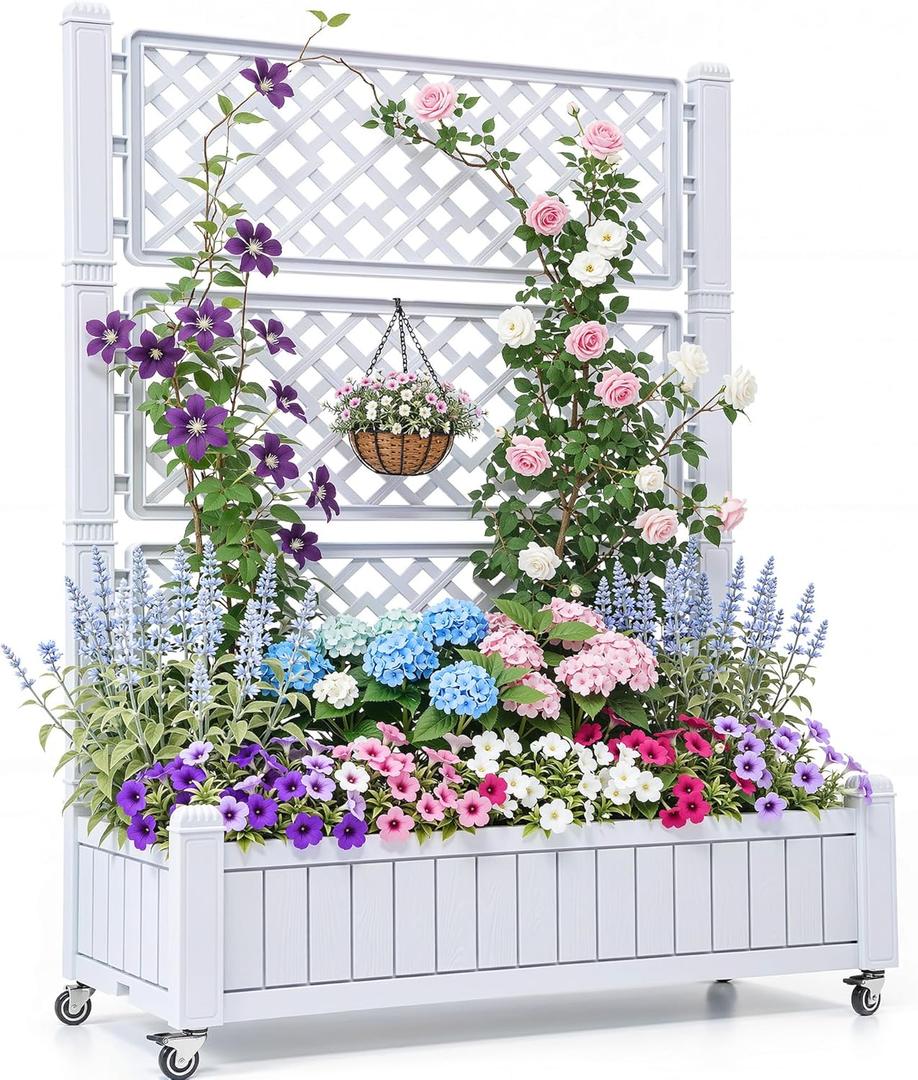 YITAHOME 42.5x14.2x61 in Planter Box with Trellis/Outdoor Privacy Screen, All-Weather Raised Garden Bed with Wheels & Drain Plug for Climbing Plants Flowers Herbs, White