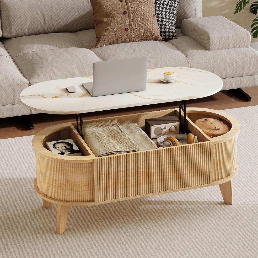 LYNCOHOME 43.3" Fluted Lift Top Coffee Table with Storage, White Faux Marble Top Center Table, Modern Oval Coffee Table for Living Room or Home Office（Elegant Light Oak, Natural）