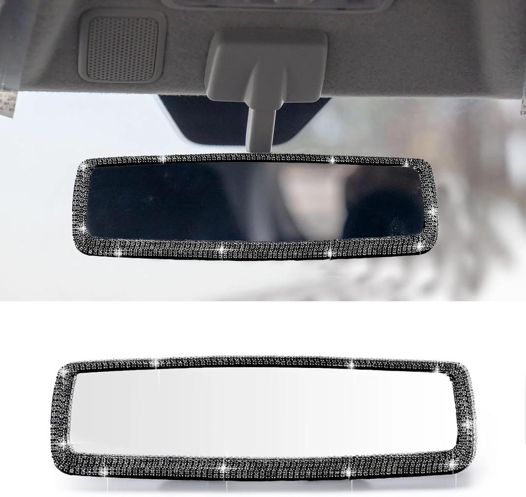 Car Accessories for Women, Bling Rear View Mirror Clip On, Wide Angle Rearview Mirror HD Rhinestone Mirror, Sparkly Car Interior Accessories (Black)