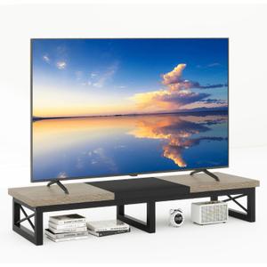 IBUYKE 45" Large TV Riser for 32-60 inch TV,Tabletop Short TV Stand with Storage and Steel Legs,Dual Screen Office Desk,Stand Riser,TV Riser Stand for Home,Bedroom,Living Room,Greige Black TVT002YB
