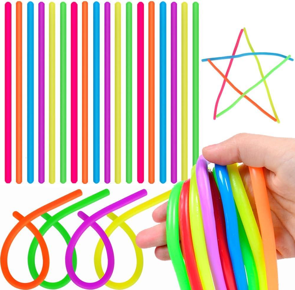 100 PCS Colorful Stretchy Fidget Strings Sensory Toys, Carnival Prizes Fidget Stress Relief Toy for Classroom Prize Children Gift Birthday Party Favors Kids 4-8 8-12