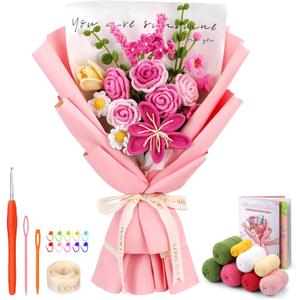 Iuuidu Crochet Kit for Beginners, Rose-Pink Flower Bouquet Crochet Kit, Knitting Kit with Step-by-Step Video Tutorials for Woman Birthday Anniversary Day Weddings Party Present, Home Decor