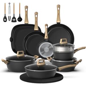 23 Pcs Pots and Pans Set, Non Stick Ceramic Cookware Set with 3 Frying Pans, Healthy Non-Toxic, Large Capacity,Induction Compatible, PFAS/PTFE/PFOA Free, Black