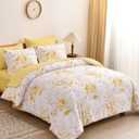 WONGS BEDDING Yellow Botanical Comforter Set Queen, 7 Pieces Floral Bed in a Bag Gloden Leaves Bedding Set Soft Microfiber Queen(1 Comforter,2 Pillowcase,2 Pillow Shams,1 Flat Sheet,1 Fitted Sheet), Queen 90“×90”, White-yellow