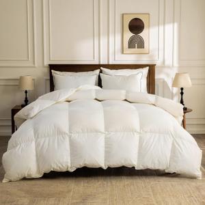 BPC Heavyweight Organic Down Feather Fibers Comforter Oversized Queen for Winter, Hotel Luxury Extra Puffy Duvet Insert for Cold Weather/Sleepers, Ivory White, 98x98 Inches