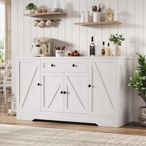 55" Buffet Cabinet with Storage, Kitchen Buffet Sideboard with Pull-Out Shelves and Drawer, Wood Farmhouse Coffee Bar Cabinet with 4 Adjustable Shelves, Kitchen Pantry for Living Room, White