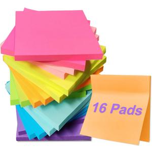 16 Pads Sticky Notes 3x3 Inches, Bright Colors Self-Stick Pads, Sticky Note Pads, Easy to Stick for Home, Office, Notebook