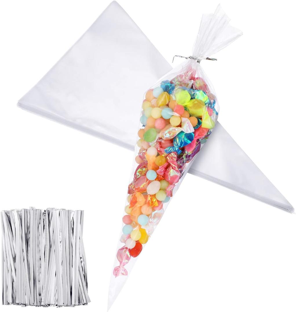 Outus 100 Pcs 7 x 12 Inch Cone Shaped Treat Bag Clear Cello Cellophane Medium Transparent Sweet Popcorn Candy Bags with 100 Pieces Twist Ties for Party Favor (Silver Twist Ties)