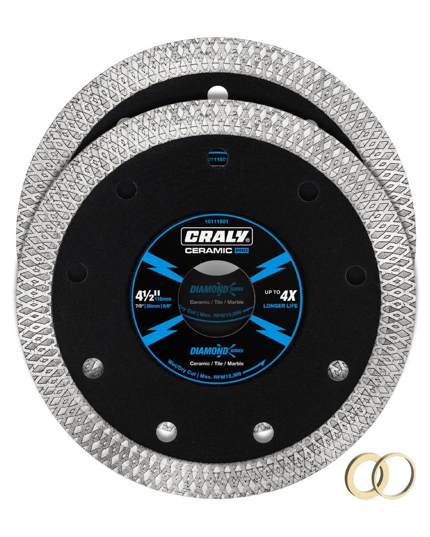 CRALY 4-1/2 Inch Super Thin Diamond Blade, 7/8 in Arbor, 4.5'' Diamond Tile Blade for Angle Grinder & Tile Saw, Diamond Cutting Wheel for Cutting Ceramic, Tile, Marble, Granite, Brick, Porcelain, 2PC