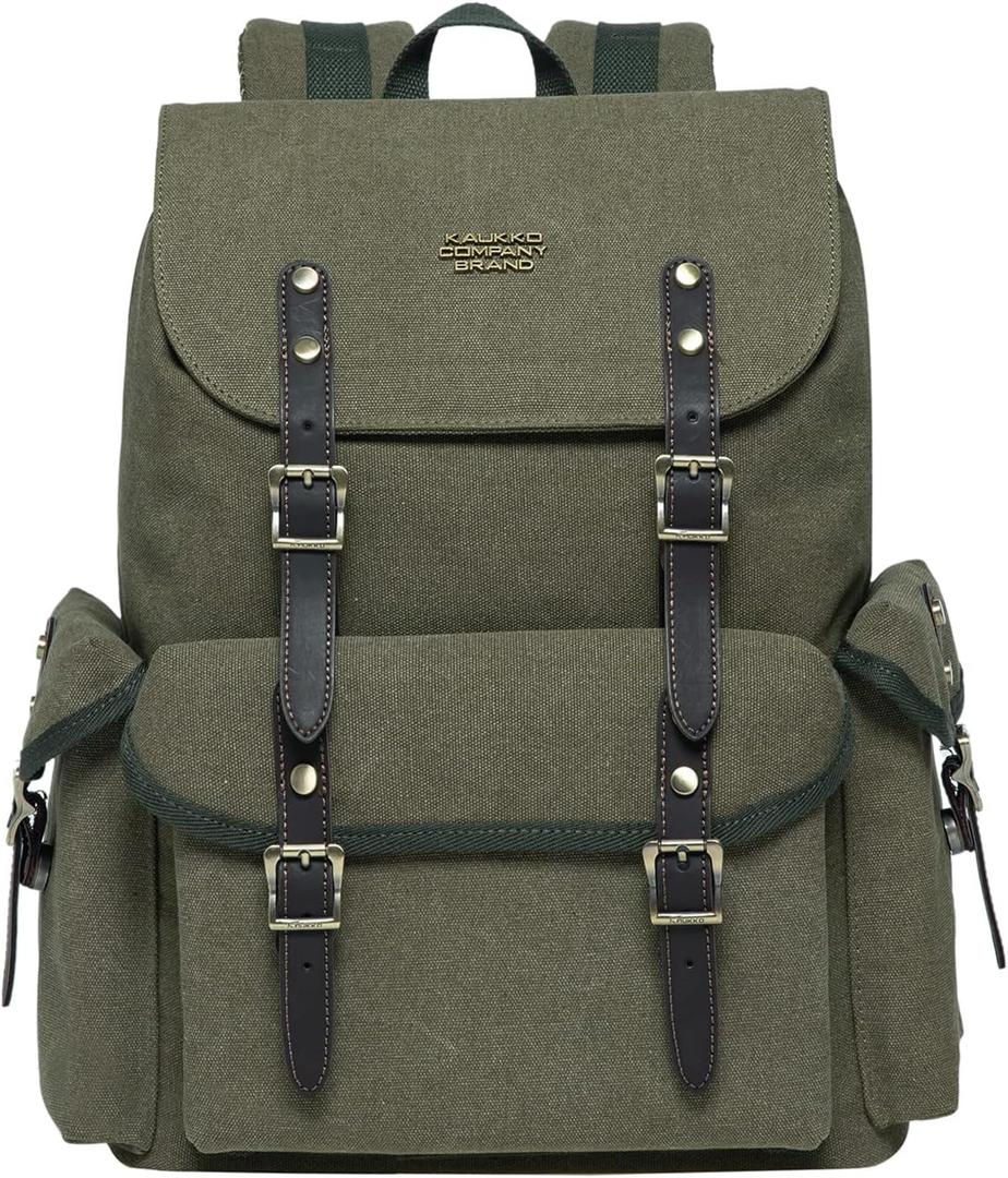 KAUKKO Vintage Casual polyster and Leather Rucksack Backpack (03-canvas Armygreen)