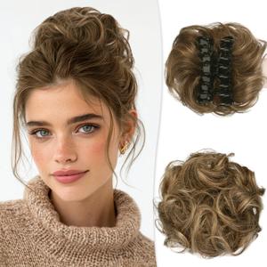 RUWISS Claw Clip Messy Bun Hair Piece Real Human Hair Buns Wavy Curly Chignon Hair Bun Extensions Tousled Updo Ponytail Hairpieces Hair Scrunchie with Clip for Women4T27# (40g, Chocolate Brown Highlighted Dark Brown)