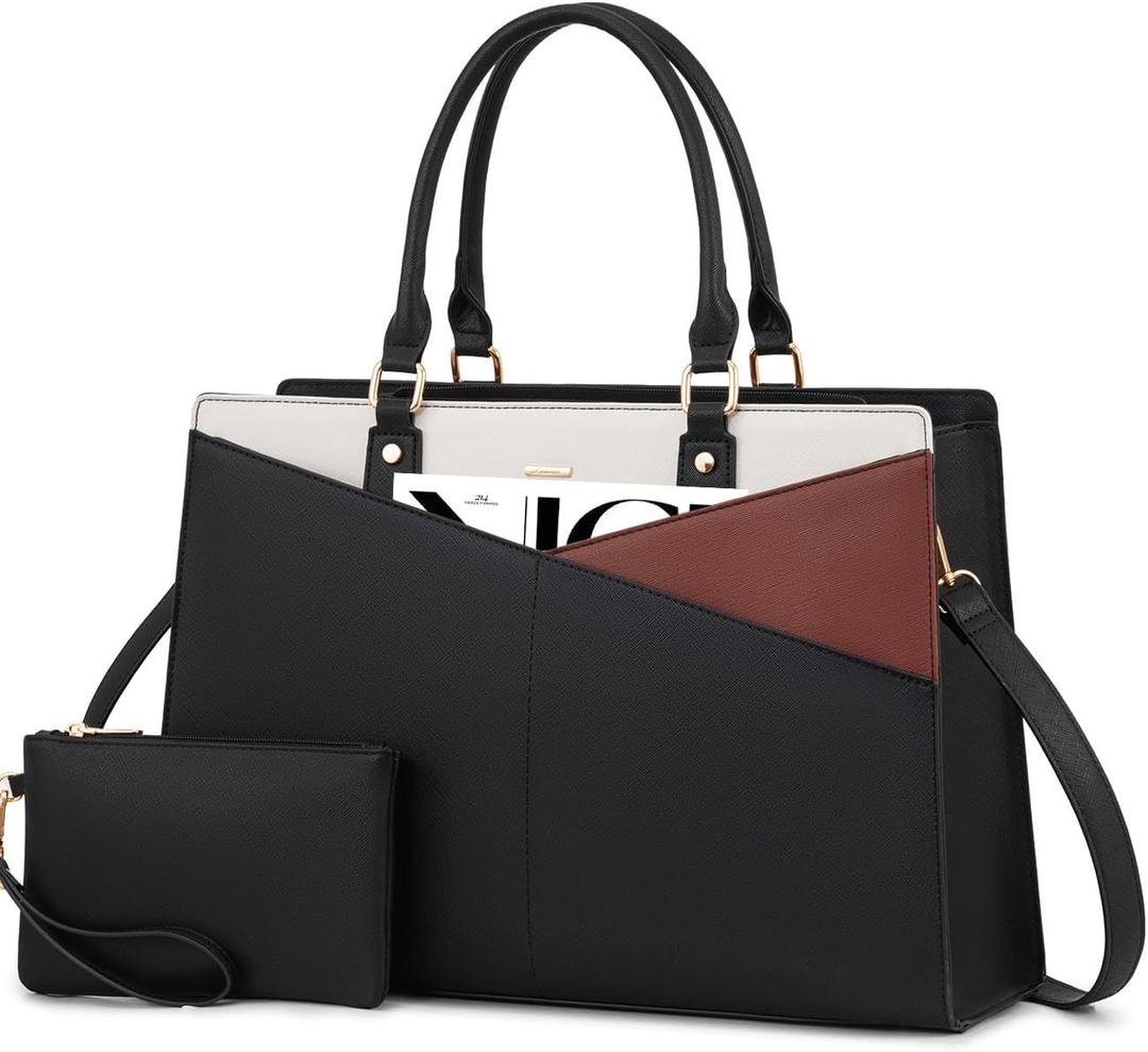 LOVEVOOK Laptop Tote Bag for Women, Leather Business Office Work Bag Computer Briefcase with Small Clutch fit for 15.6 Inch Laptop, Black-Brown-Beige