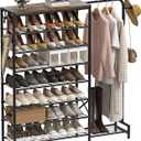 Shoe Rack with Coat Rack, 8 Tier Tall Shoe Storage Organizer with Hooks, 3-in-1, Wooden Top Shelf, Sturdy Frame, Metal Clothes Hanger Stand for Entryway, Closet, Rustic Brown and Black