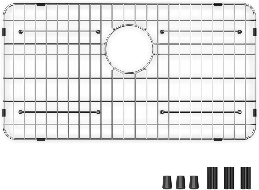 Stainless Steel Sink Grid and Protectors for Bottom of Kitchen Sink, 26" x 14" with Rear Drain for Single Sink Bowl (26" X 14 1/16")