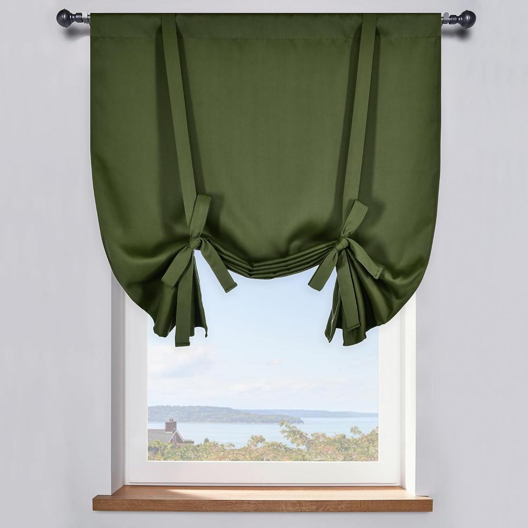 DONREN Tie Up Shade for Bathroom - Farmhouse Kitchen Curtain Thermal Insulated Window Treatment Rod Pocket Balloon Christmas Valance (1PC,Olive Green,34W x 45L)