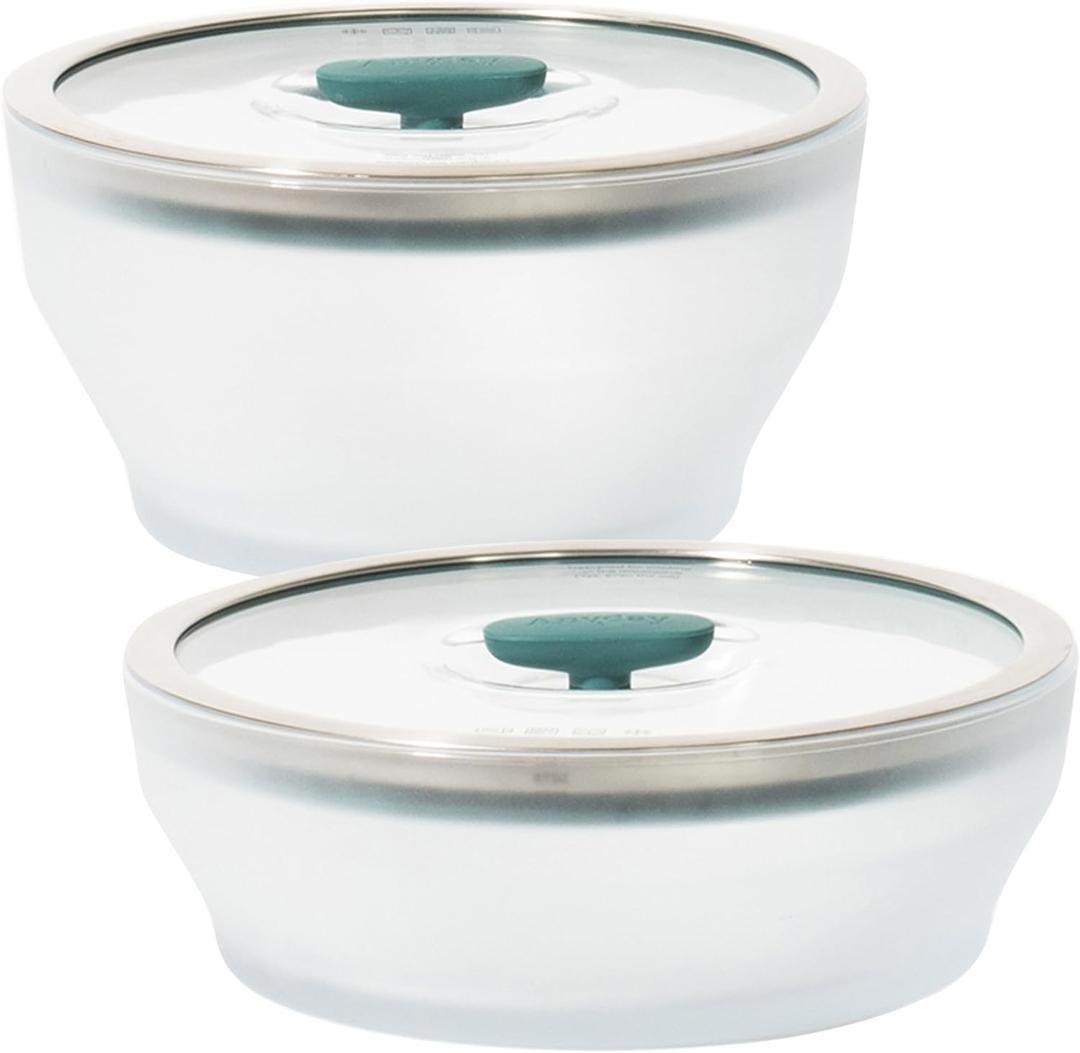 Anyday 4-Pc Microwave Cookware & Glass Food Storage Set with Glass Lids | Medium Plastic-Free Containers | Stackable Steamer with Vented Lid for Microwave-Safe Reheating & Steaming Vegetables, Rice
