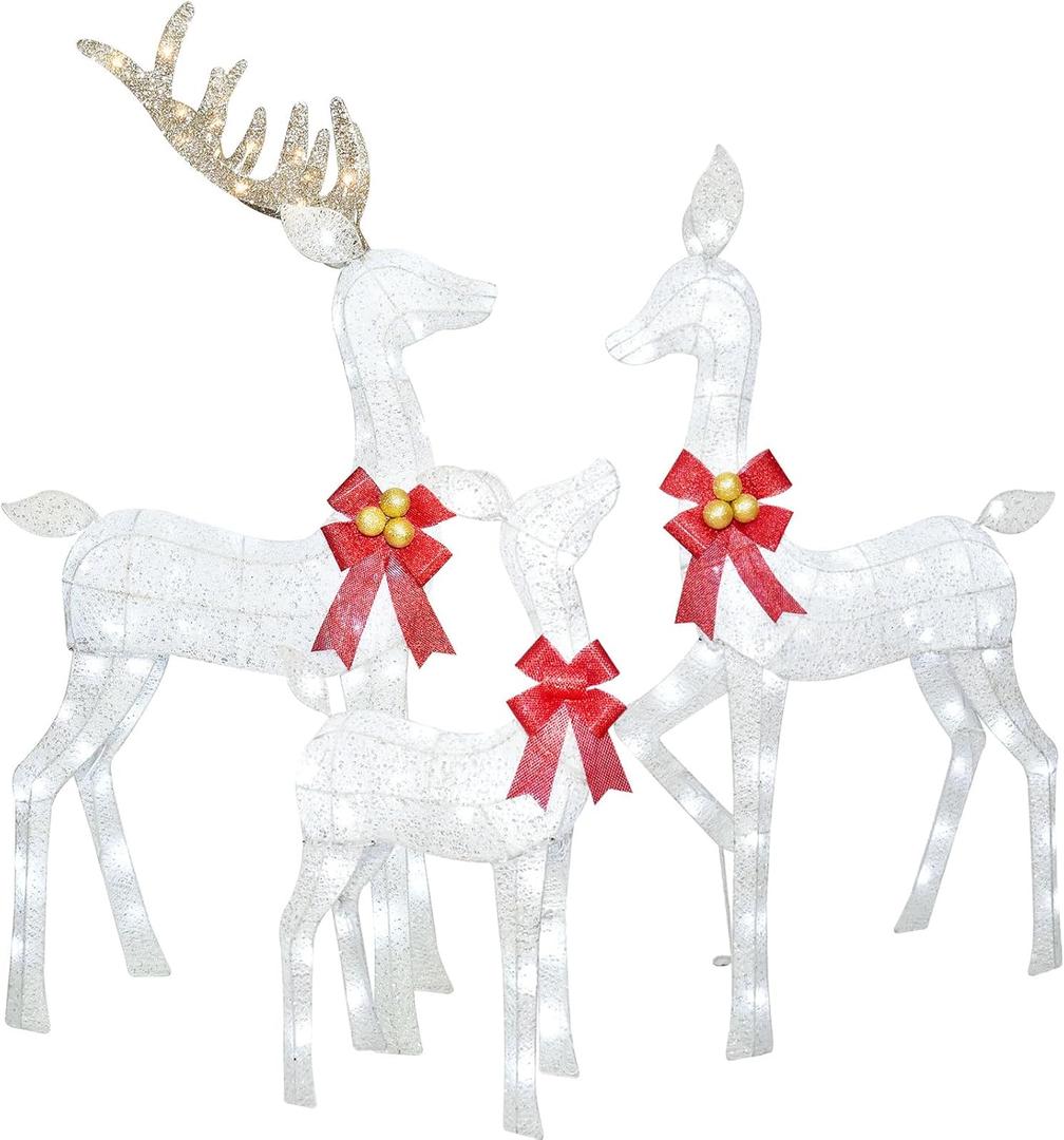 Lighted Christmas Decoration Deer 3 Piece, Light up Christmas Decor Reindeer Family Set for Indoor Outdoor Front Yard Porch with LED Lights, Plug, Ground Stakes - White