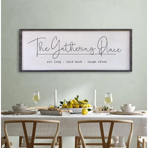 TQianJiang Dining Room Wall Decor The Gathering Place Sign 24"×10" With Sit Long Talk Much Laugh Often Sign Gathering Plaque for Kitchen Large Rustic Farmhouse Wood Framed Wall Hanging (Black)