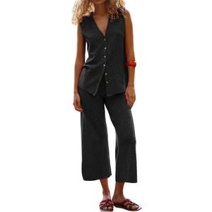 SeekMe Women's 2025 Sweater Set Sleeveless Button Down Vest Wide Leg Pants 2 Piece Outfits Summer Casual Matching Loungewear (Gray, S)