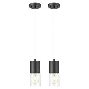 Audickic 2-Pack Pendant Lights Kitchen Island, Matte Black Hanging Lights Fixtures with Cylinder Clear Glass, Modern Kitchen Pendant Lighting Over Island for Dining Room, AD-24023-1P2-BK