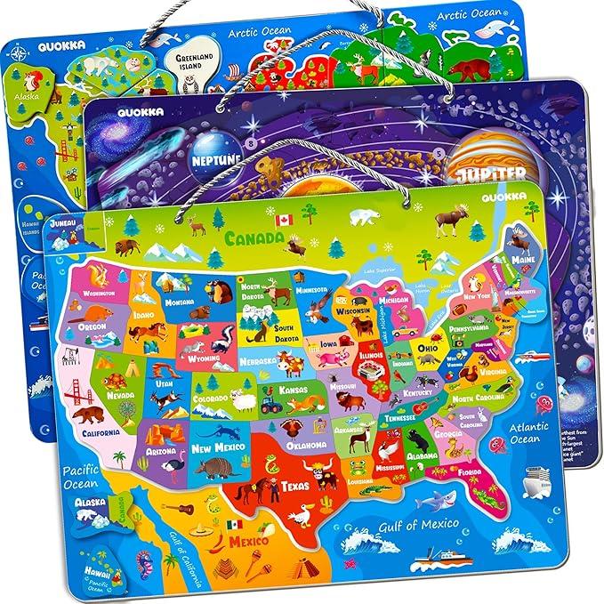 QUOKKA Magnetic Toddler Puzzles Ages 35  3 Educational Travel Games Puzzles for Kids Ages 46  Space, USA and World Map Learning Toys for Boy and Girl 24 Learn United States