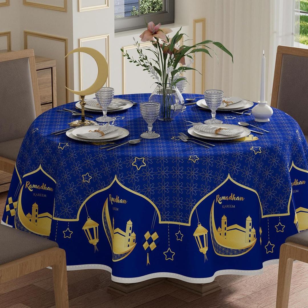 XCHI Blue Golden Castle Lantern Stars and Moons Ramadan Kareem Tablecloth Round Table Cloth Table Covers for Indoor Dining Home Party Decorations 60x60 Inch