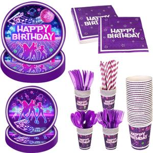 192PCS Birthday Decorations Set, Theme Party Supplies with Party Plates Napkins Cups Knives Forks Spoons Straws for School Classroom Decor, Fan Meeting