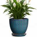 Ceramic Plant Pots, 8 Inch Planters for Indoor Plants, Decorative Flower Pots with Drainage Hole and Saucer, Round Planter, Indoor Flower Pot, Modern Home Decor, Plant Lover Gifts, Retro Blue