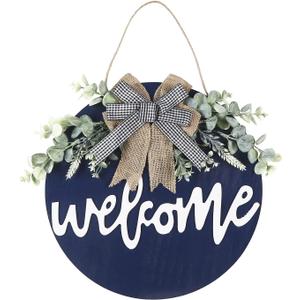 Sattiyrch Welcome Sign for Front Door Round Wood Sign Hanging for Farmhouse porch Door Decoration (Blue)