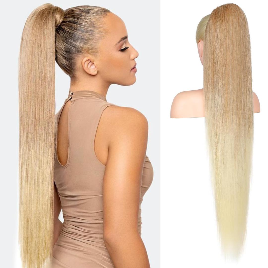Flufymooz ponytail extension, 36 Inch Long Straight Drawstring Ponytail Synthetic Hairpieces Fake Pony Tails Natural Soft Clip in Hair Extension ponytail for Women (Dark Blonde to Light Blonde)