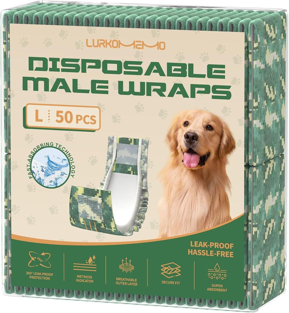 Dog Diapers Male, 50 Count Large Adjustable Male Dog Diapers Disposable, Dog Belly Band, Male Dog Wraps Ideal for Doggie, Puppy, Super Absorbent & Wetness Indicator (L Same as Other Brands' M)