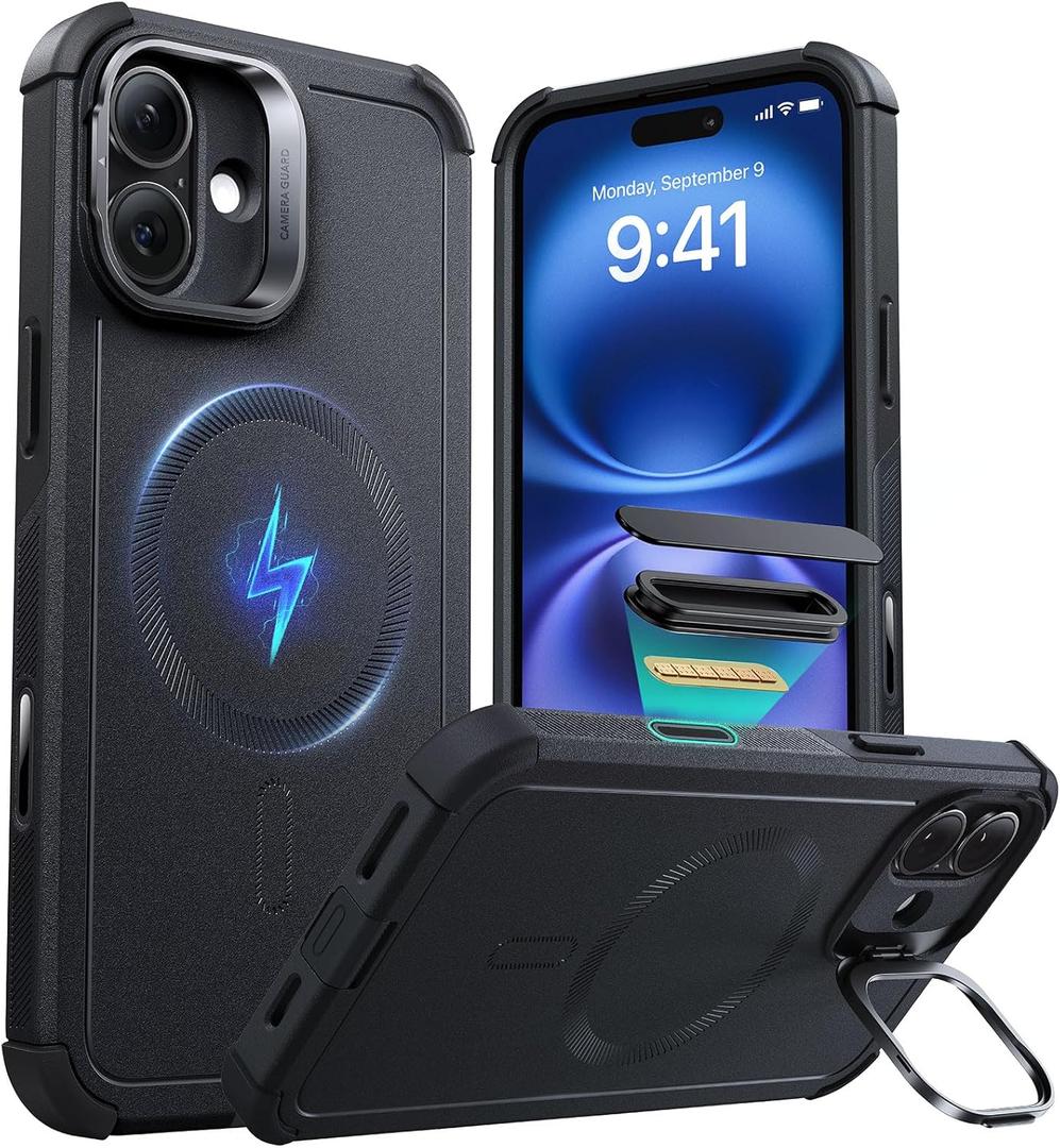 ESR for iPhone 16 Case with Stash Stand, Camera Control, 23FT Military-Grade Shock-Absorbing Drop Protection, Compatible with MagSafe Accessories, Magnetic Cyber Series, Black
