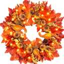[ Prelit & Timer ] 20 Inch 20 LED Thick Fall Wreath Thanksgiving Decorations Front Door Wreath 3 Styles 97 Maples Leafed 12 Pumpkin 8 Pinecone 12 Acorn Battery Operated Warm Lights Fall Decor Home
