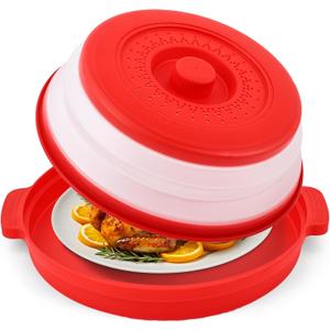 Microwave Splatter Cover for Food with Anti-scald Base Plate,Large Plastic & Silicone Vented Avoid Scalding Collapsible Guard Lid,Kitchen Essential Gadgets for Meal Prep-10.7 Inch (Red)