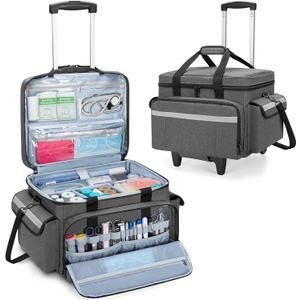 Trunab Medical Bag on Wheels with Detachable Trolley, Rolling Nurse Tote with Removable Dividers, First Responder Bag Empty with Adjustable Shoulder Strap for Nurse, Doctor