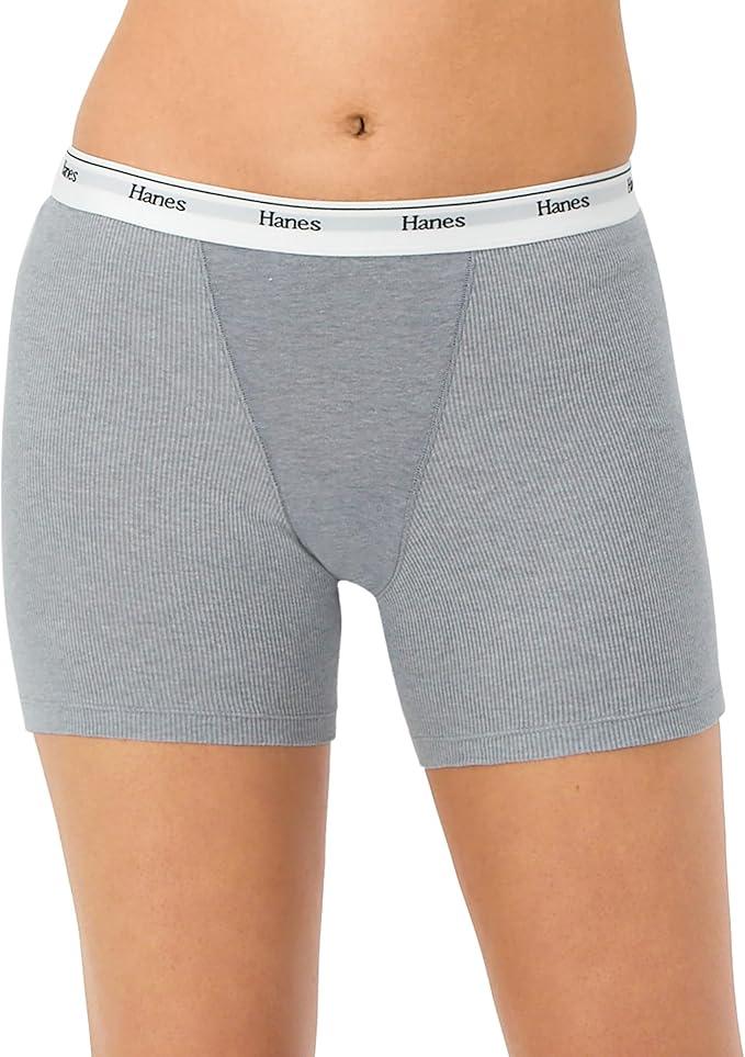 Hanes Women's Mid-Thigh Boxer Brief Pack, Stretch Cotton Underwear, 4-Pack, Size: 5/S, Color: Grey/White/Dark Grey/Light Pink