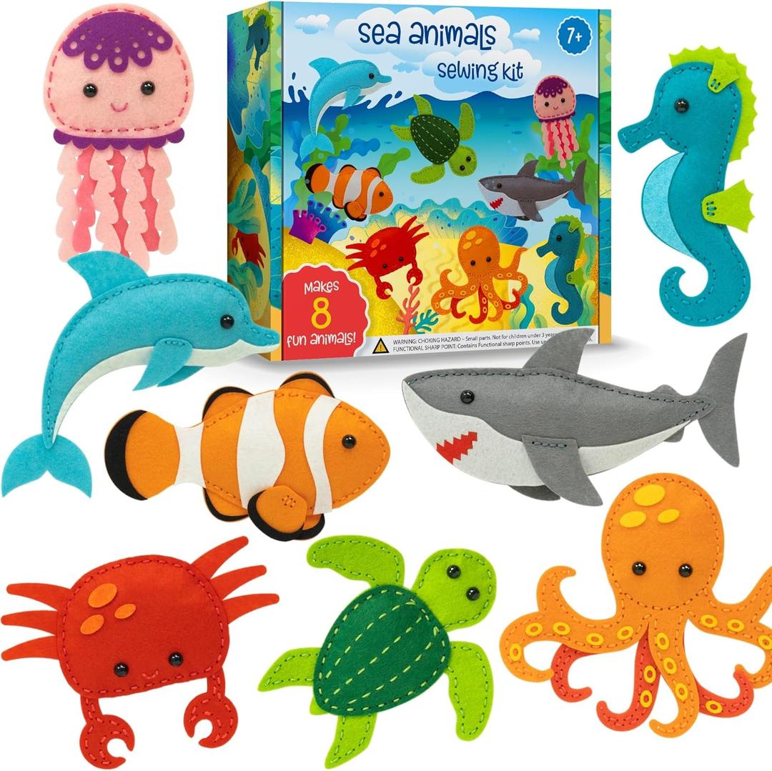 Vlokup Sea Animals Felt Sewing Kit for Kids, Ocean Animals Kids Sewing Kit for Beginners Ages 7 8 9 10 11 12， Sewing Craft Kit Educational and Fun Gift for Girls and Boys